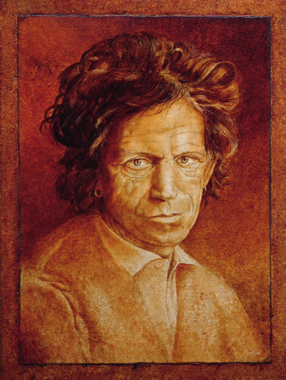 Keith Richards (f.1943) (olieglasur på revnet gesso på lærred lagt om bord) af Trevor Neal