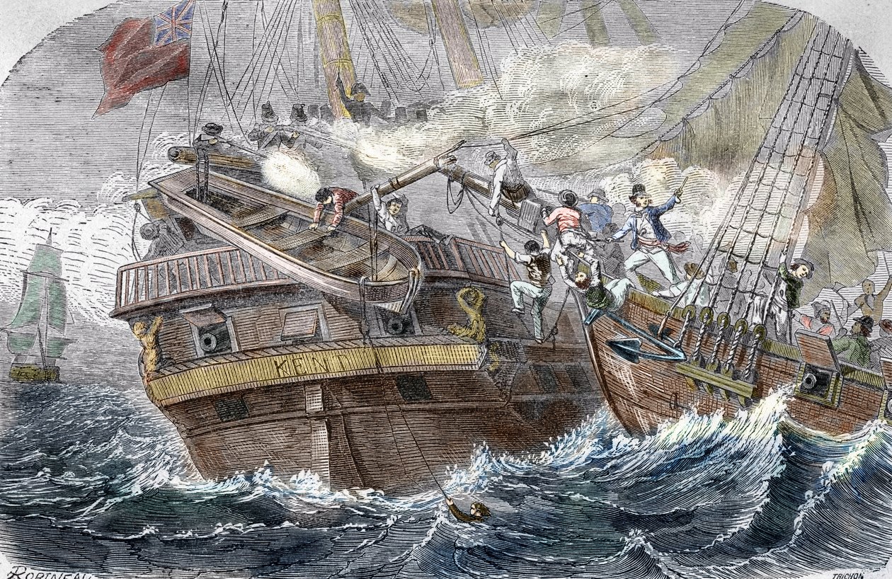 Capture of the Kent"" af den franske kaper Robert Surcouf (1773-1827) på skibet ""La Confidence"" den 7/10/1800 i Den Bengalske Bugt"" (Kamp mellem den franske selvtillid (Robert Surcouf) og HMS Kent i Bengal-bugten, 7. oktober 1800) af Trichon (after)