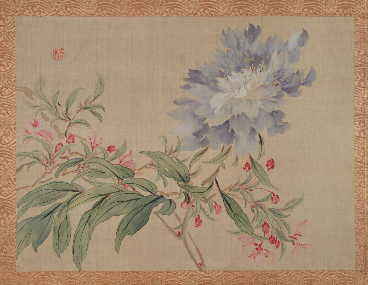 Blossom and a flower, 1851 (akvarel på silke) af Tsubaki Chinzan