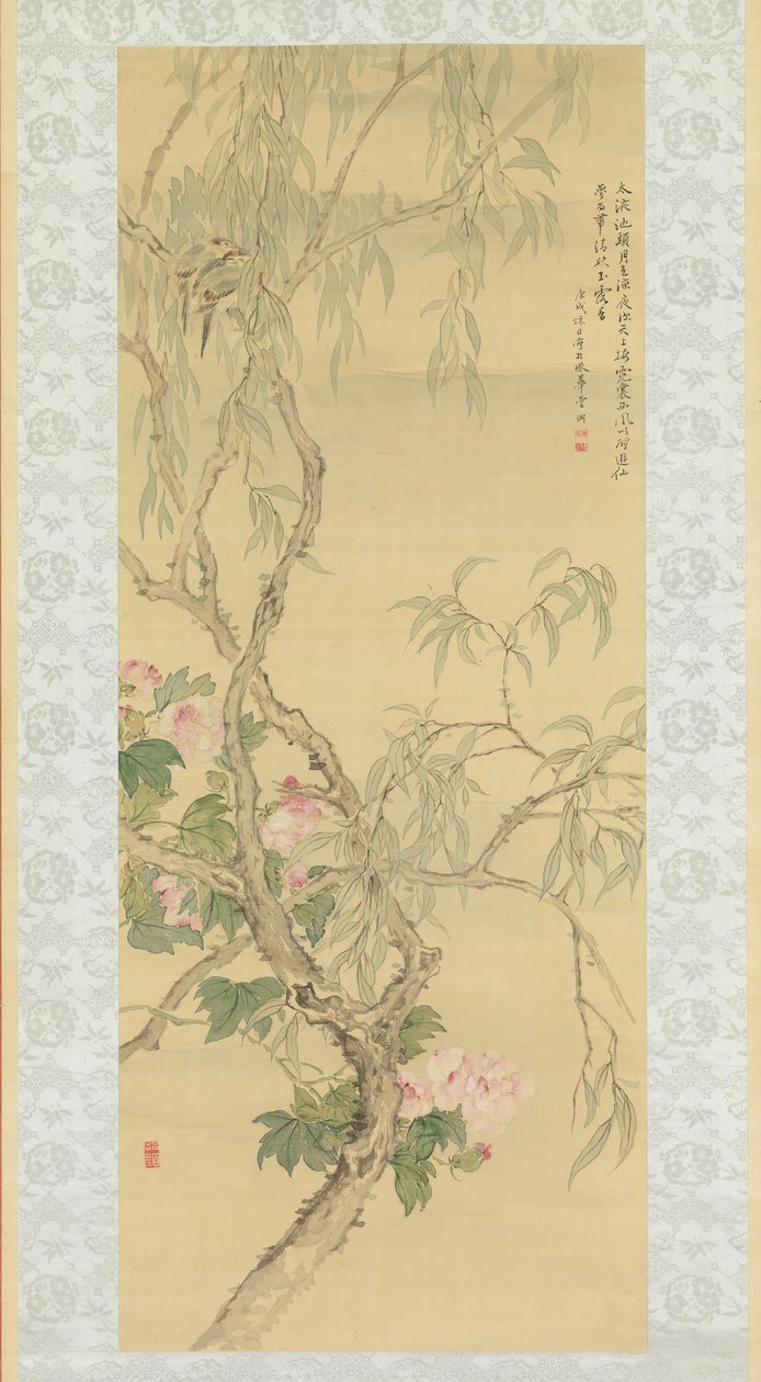 Små fugle på en pilegren og hibiskusblomster, dateret efterår 1850. af Tsubaki Chinzan