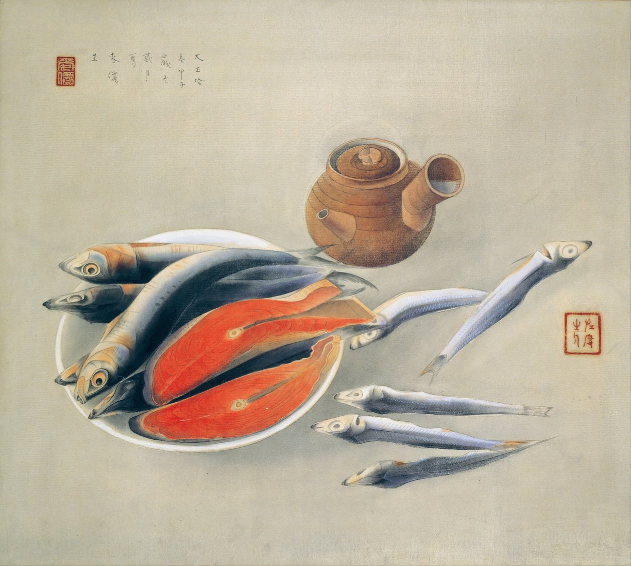 Stilleben. Lakseskiver og sardiner, 1924 af Tsuchida Bakusen