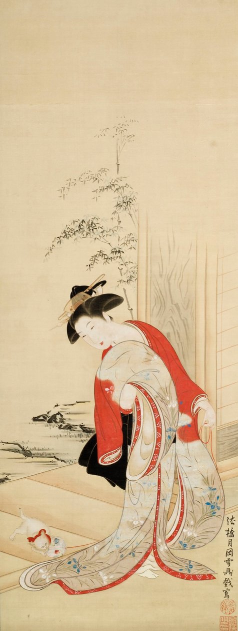 Smuk kvinde, der leger med kat af Tsukioka Masanobu Settei