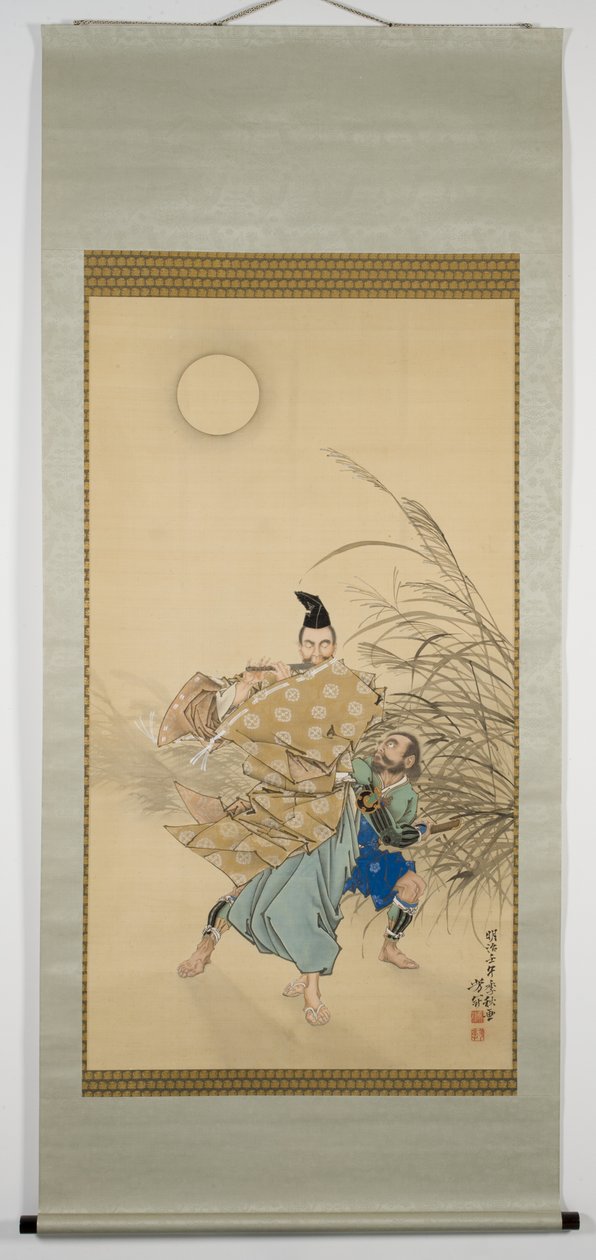 Fujiwara no Yasumasa Playing the Flute by Moonlight, sent efterår, 1882 (blæk, farve, lak, sølv og guld på silke) af Tsukioka Yoshitoshi