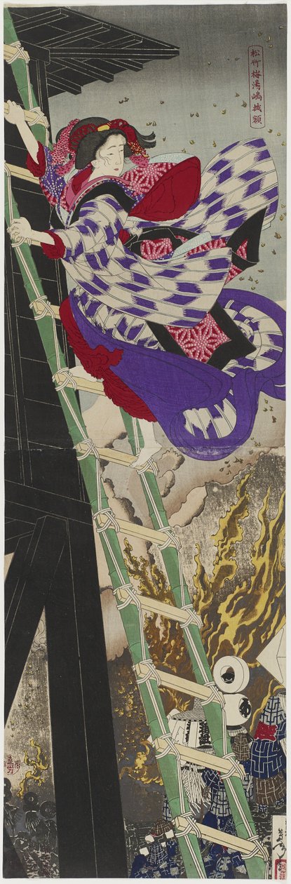 Fyr, bambus og blomme: det indrammede maleri i Yushima, 1885 (diptykon med farvet træblok) af Tsukioka Yoshitoshi