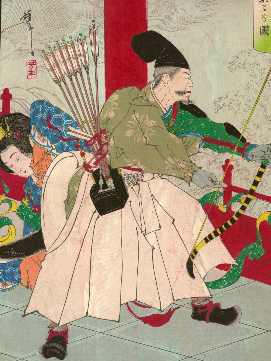 Watanabe no Tsuna, med bue og pile, ved Dæmonens Ibaraki-palads, pub. ca. 1880 (håndfarvet træblok) af Tsukioka Yoshitoshi