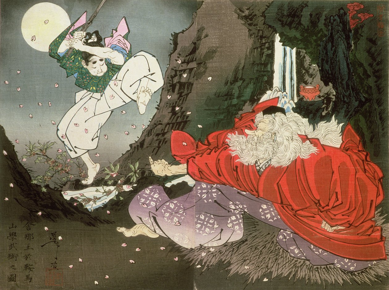 Yoshitsune og Tengu-kongen, (træsnit i farver) af Tsukioka Yoshitoshi