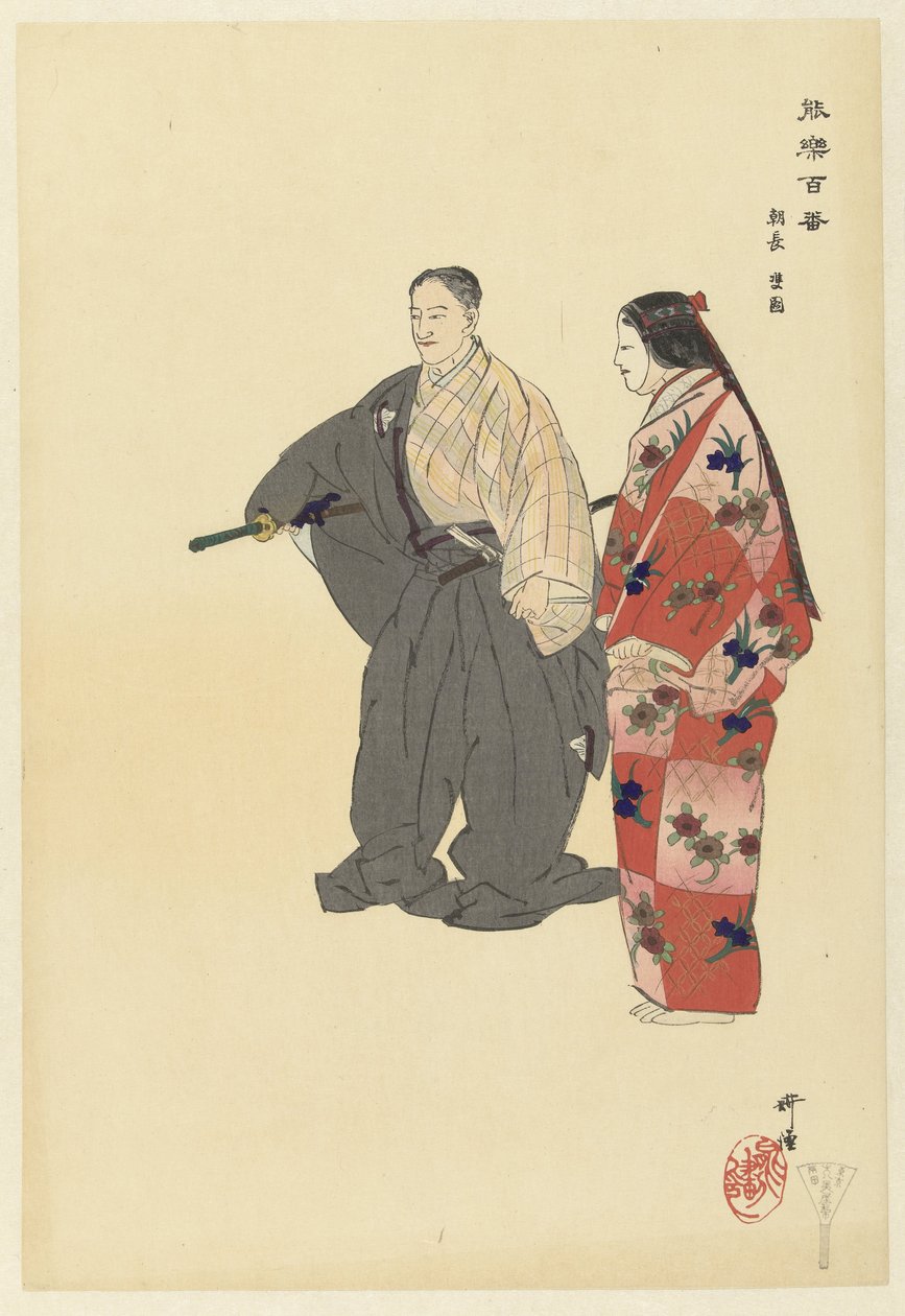 Skuespillere fra Noh-teatret spiller Tomonaga Tomonaga (titel på objekt) Play a Hundred Noh (serietitel) Nogaku hyakuban (serietitel på objekt) af Tsukioka Kogyo