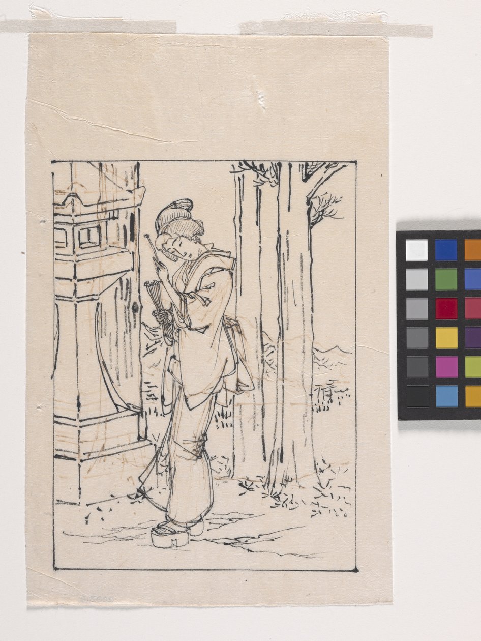 Tegning af en ung kvinde, der står ved en stenlanterne (blæk på papir) af Tsukioka Yoshitoshi
