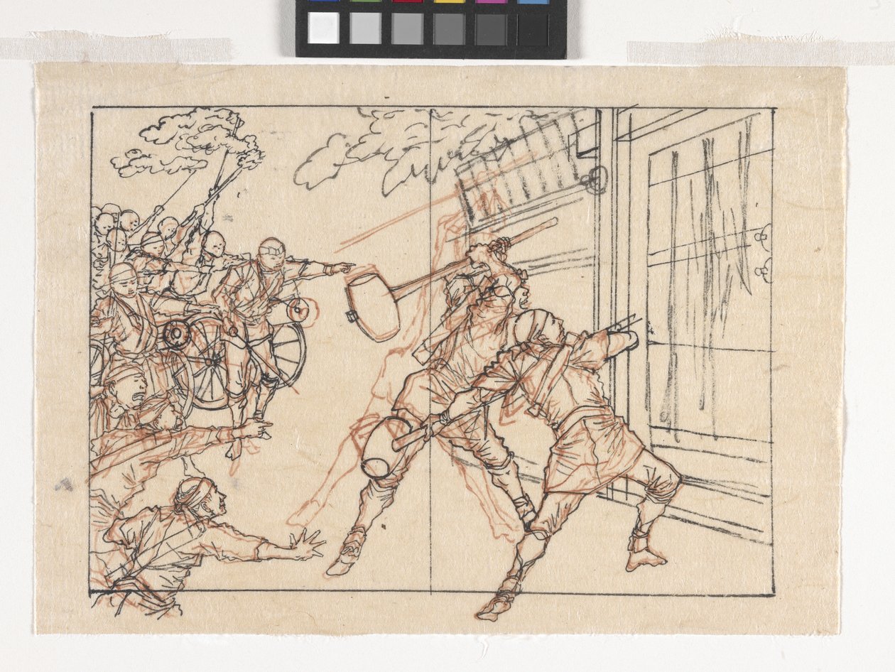 Tegning af soldater, der slår en port (blæk på papir) af Tsukioka Yoshitoshi