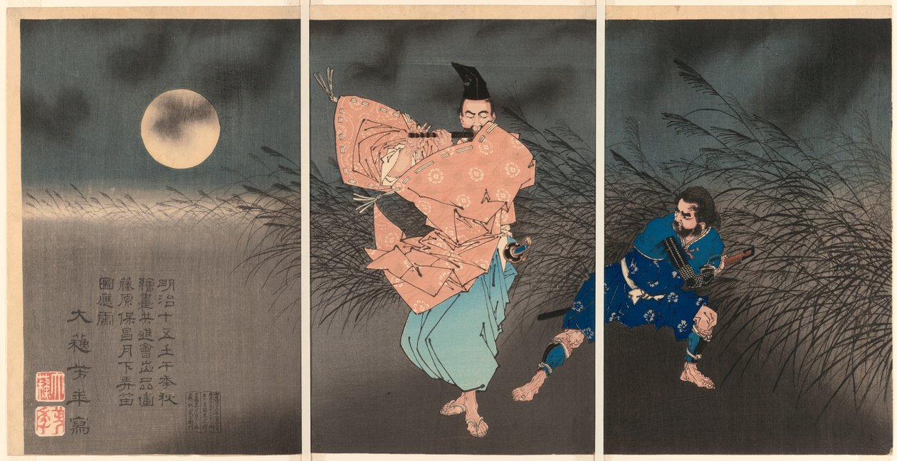 Fujiwara no Yasumasa spiller på sin fløjte i måneskin af Tsukioka Yoshitoshi