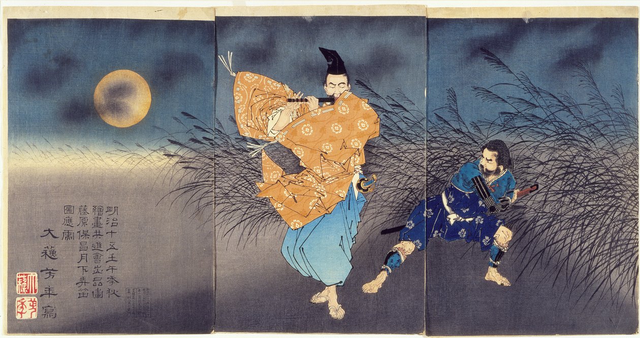 Fujiwara no Yasumasa spiller fløjte i måneskin af Tsukioka Yoshitoshi