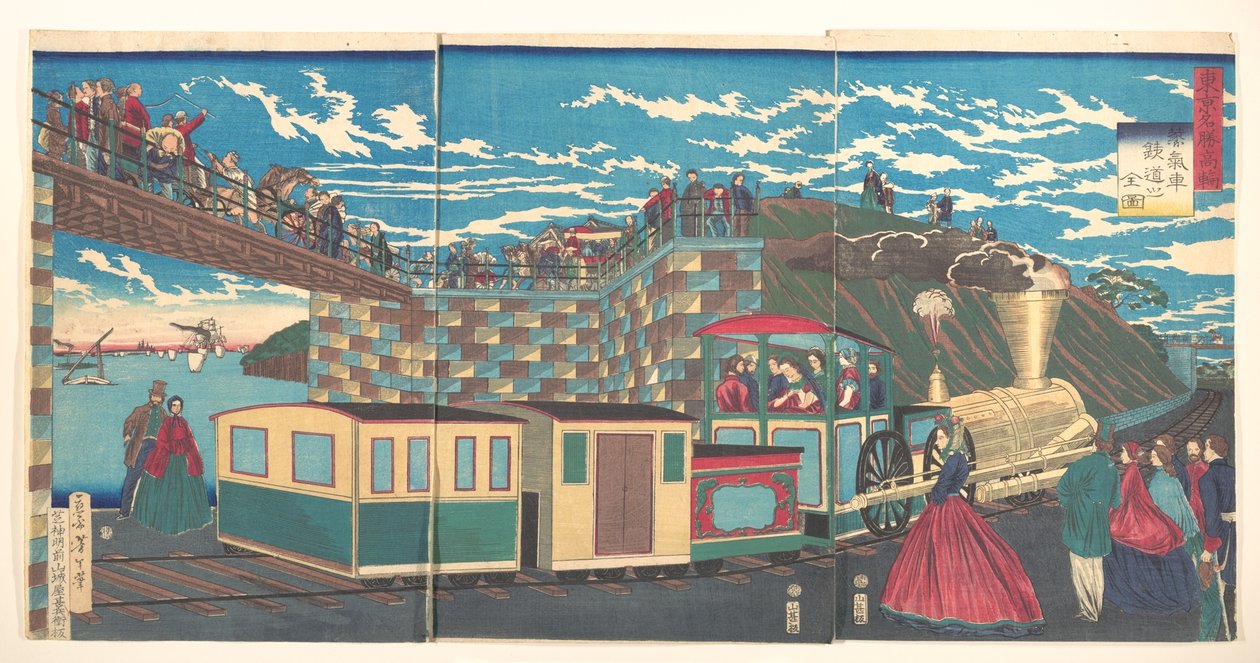 Illustration af damplokomotivspor ved Takanawa, fra serien Berømte steder i Tokyo (Tōkyō meishō Takanawa-jōki kikansha no zen zu) af Tsukioka Yoshitoshi