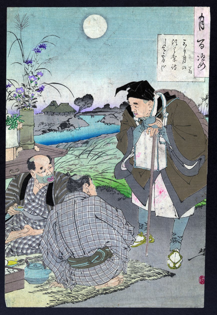 Den japanske digter Basho Matsuo taler med to mænd af Tsukioka Yoshitoshi