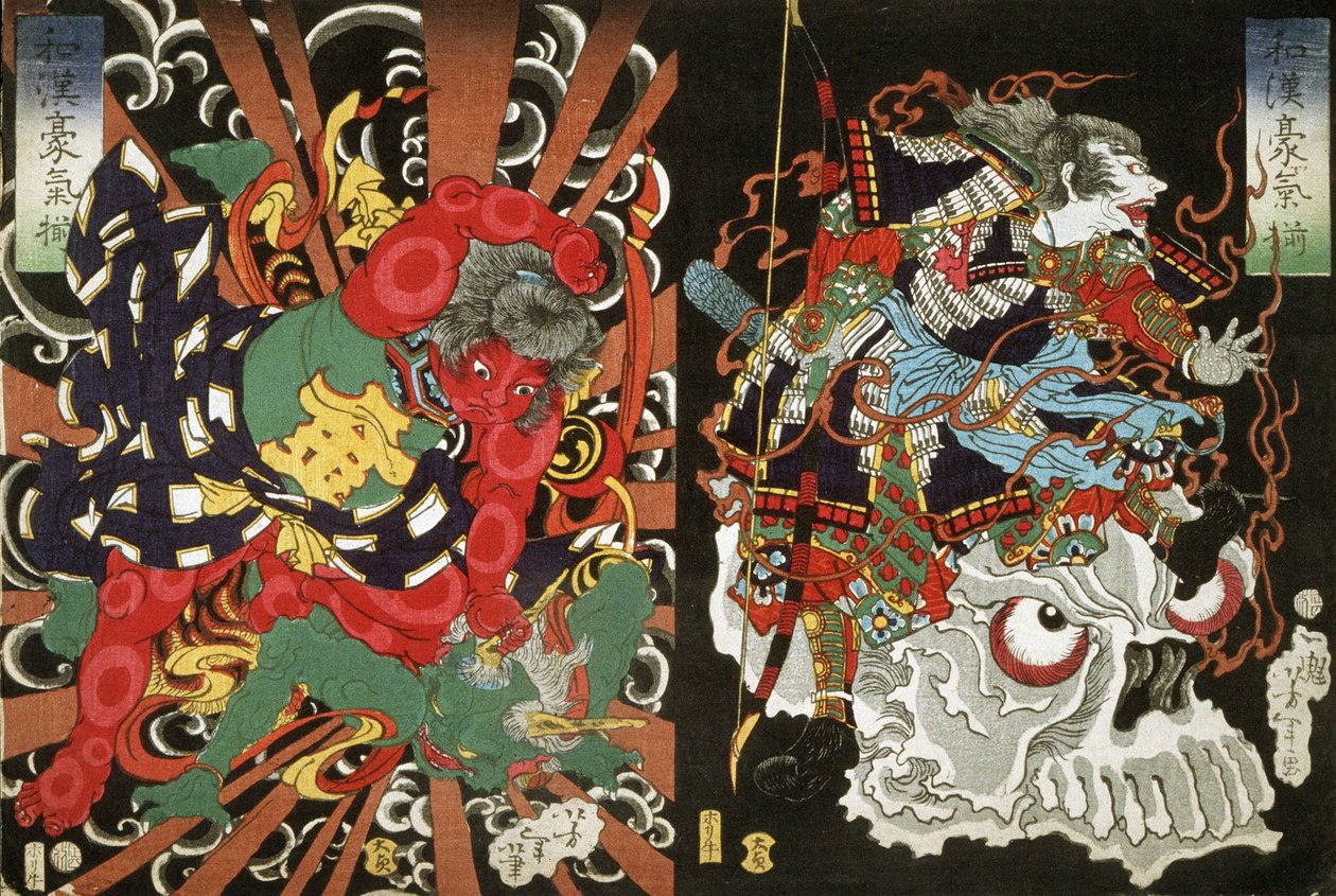 Kintoki overmander en dæmon og kriger på kraniet, 1868 (træblok i farver) af Tsukioka Yoshitoshi