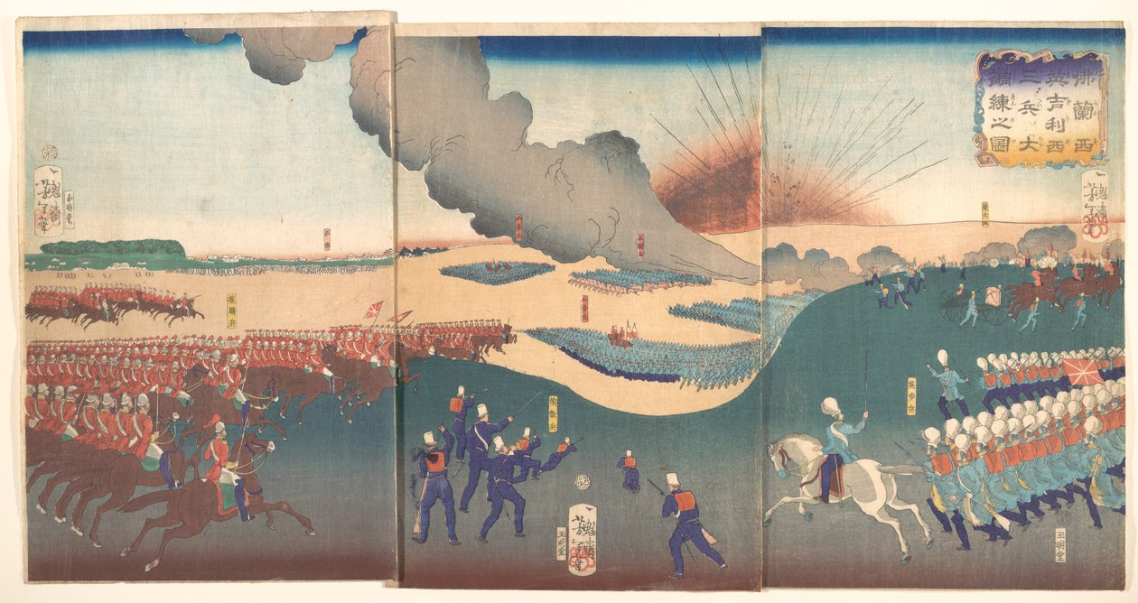 Manøvrer med tre kategorier af franske og engelske soldater (Furansu Igirisu sanhei ōchōren no zu) af Tsukioka Yoshitoshi