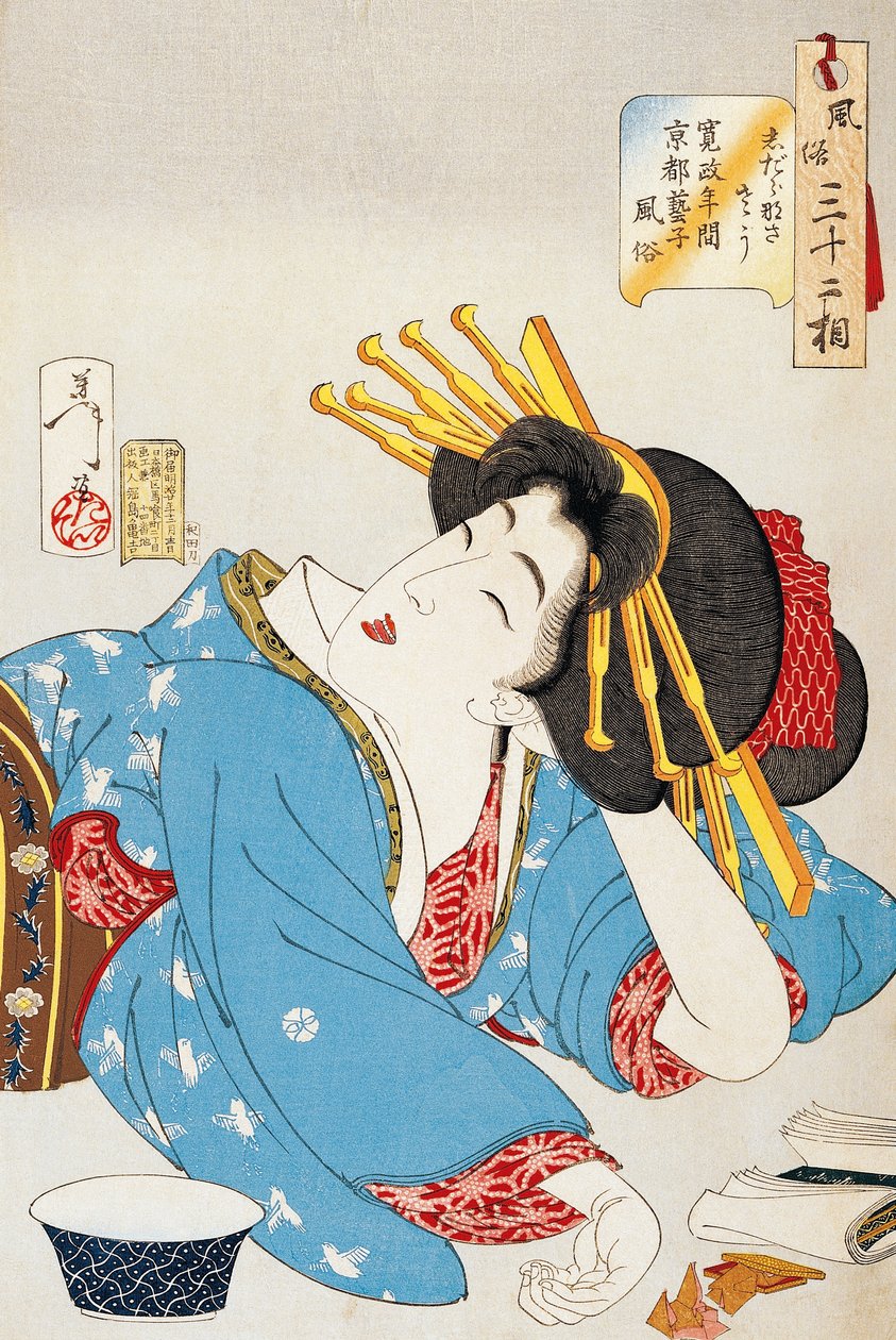 Moment af afslapning, Ansigt af Kansei-periodens Geisha fra Kyoto, Illustration af Tsukioka Yoshitoshi (1839-1892) fra 32 aspekter af skikke og manerer, Oban-tate-e træsnit, 37,5 x 26 cm, japansk civilisation af Tsukioka Yoshitoshi