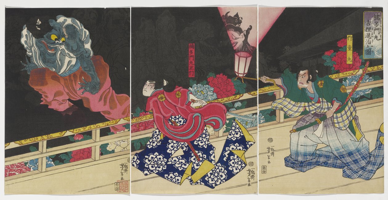 Billede af Kusunoki Tamonmaru, der erobrer den gamle grævling, 1860 af Tsukioka Yoshitoshi