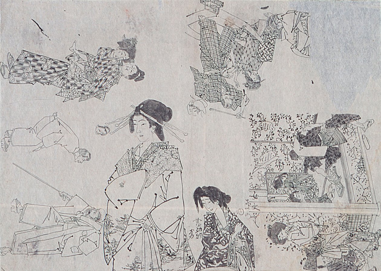 Forberedende tegninger til illustrationer af melodramaer af Tsukioka Yoshitoshi