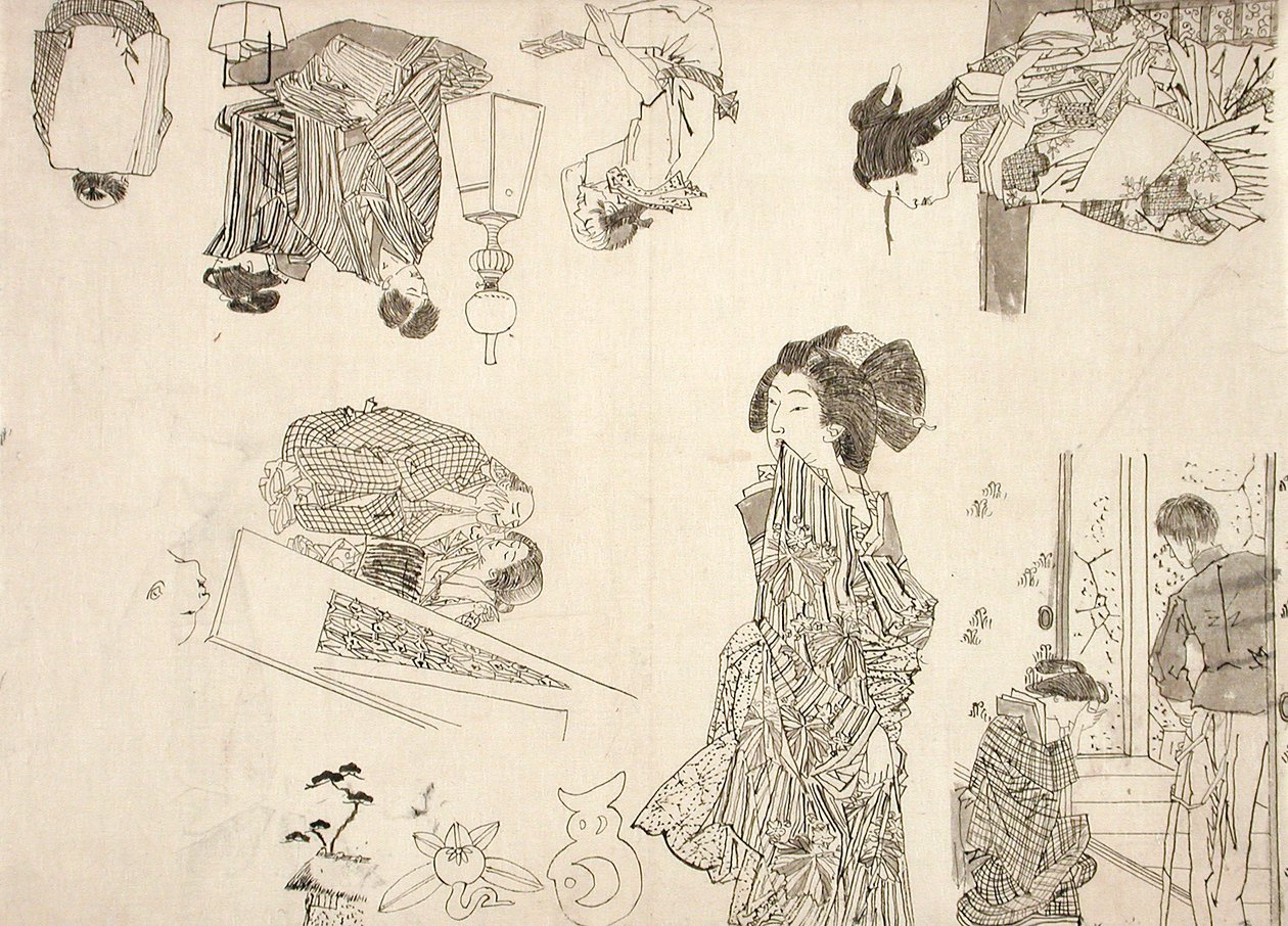 Forberedende tegninger til illustrationer af melodramaer af Tsukioka Yoshitoshi