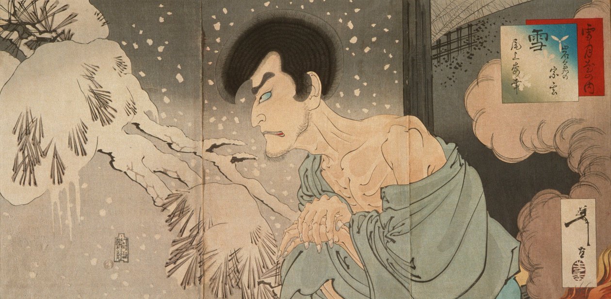 Sne: skuespilleren Onoe Baikō V som Iwakura no Sōgen af Tsukioka Yoshitoshi