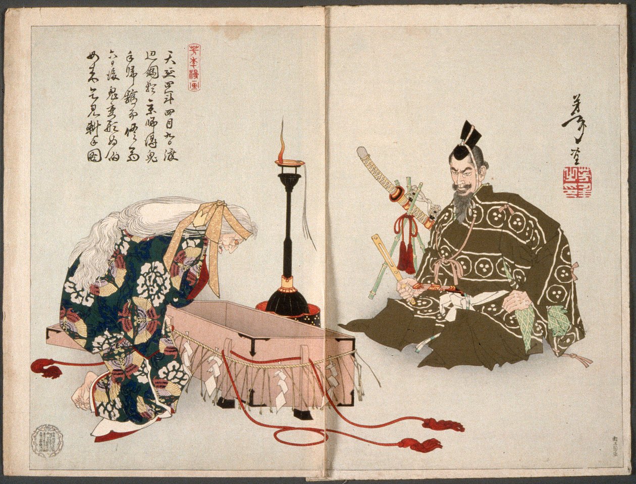 Dæmonen fra Rashōmon besøger Watanabe no Tsuna forklædt som en gammel kvinde for at hente sin afhuggede arm tilbage af Tsukioka Yoshitoshi
