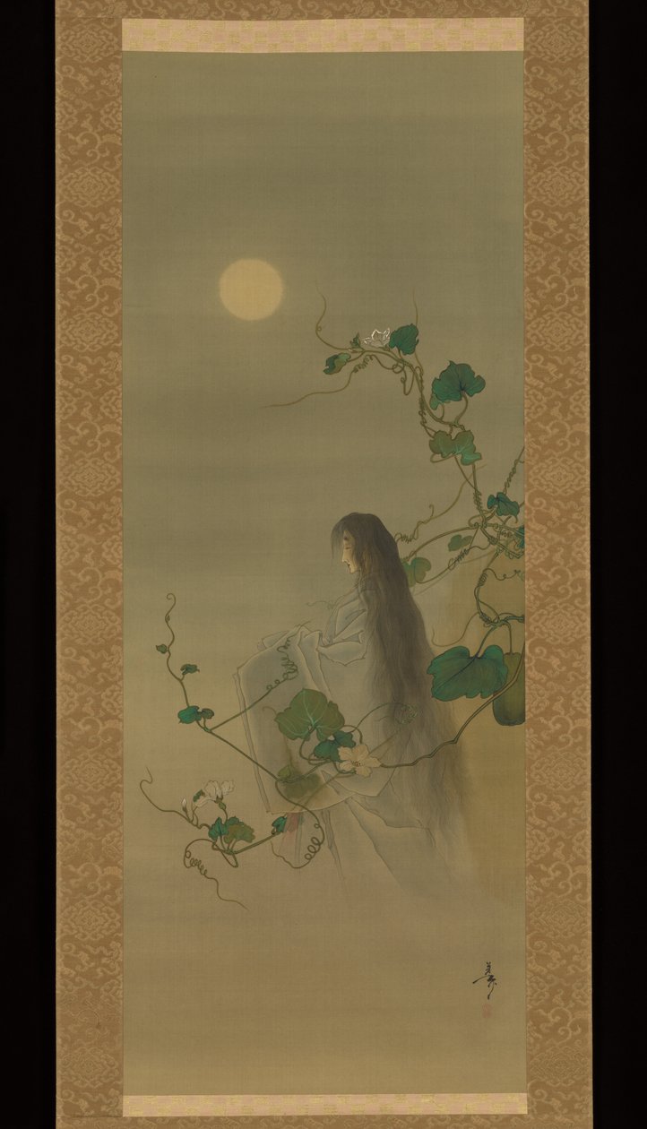 Den afdøde Yūgaos ånd indflettet i måneblomsterranker, baseret på trykket „Damen med aftensansigterne“, fra serien Hundrede aspekter af månen (Tsuki hyakushi: Genji Yūgao no maki) af Tsukioka Yoshitoshi