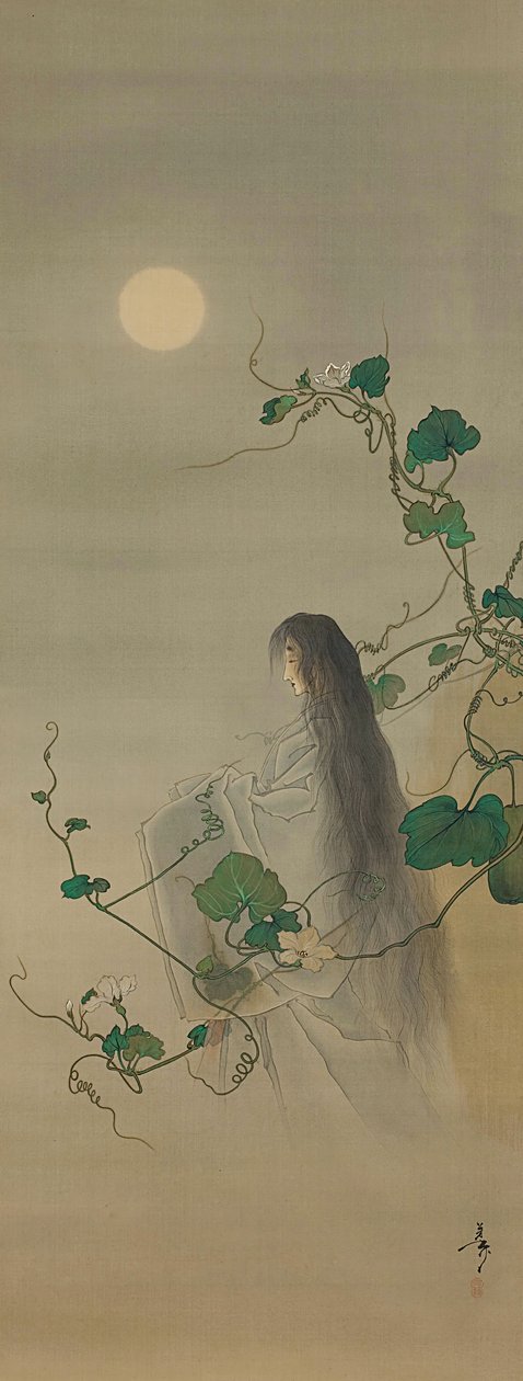 Den afdøde Yugaos ånd sammenflettet i Moonflower Vines..., ca. 1892. af Tsukioka Yoshitoshi