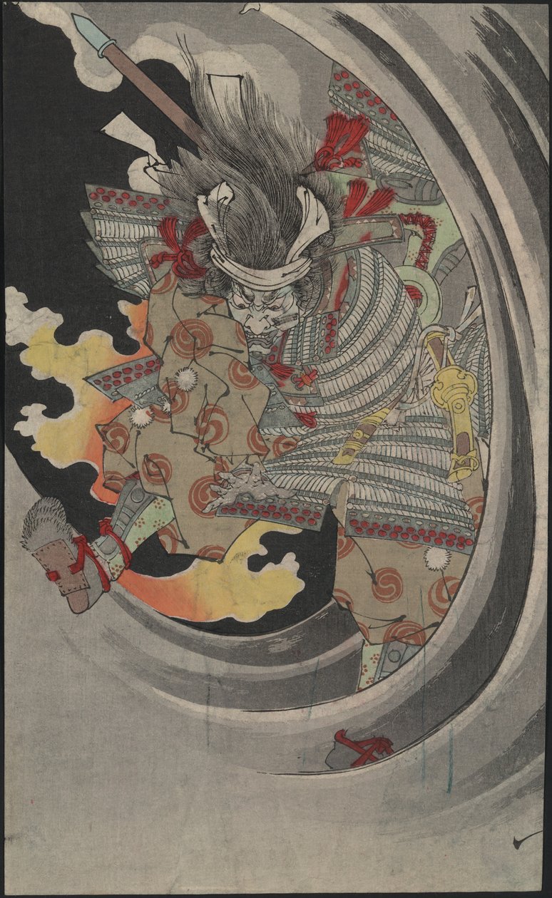 Generalen Taira no Tomomoris spøgelse, der styrter gennem bølgerne ved Nunobiki-vandfaldet, 1889. af Tsukioka Yoshitoshi