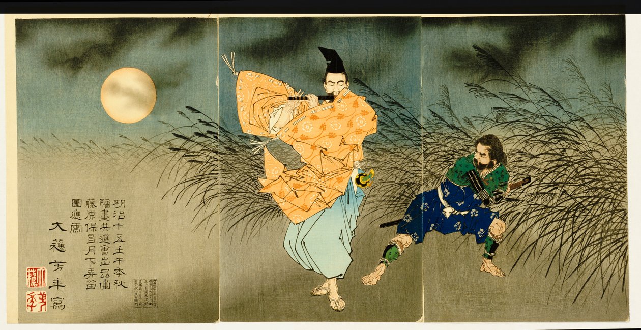 Triptykon af "Fujiwara No Yasumasa Playing the Flute by Moonlight", 1883 af Tsukioka Yoshitoshi
