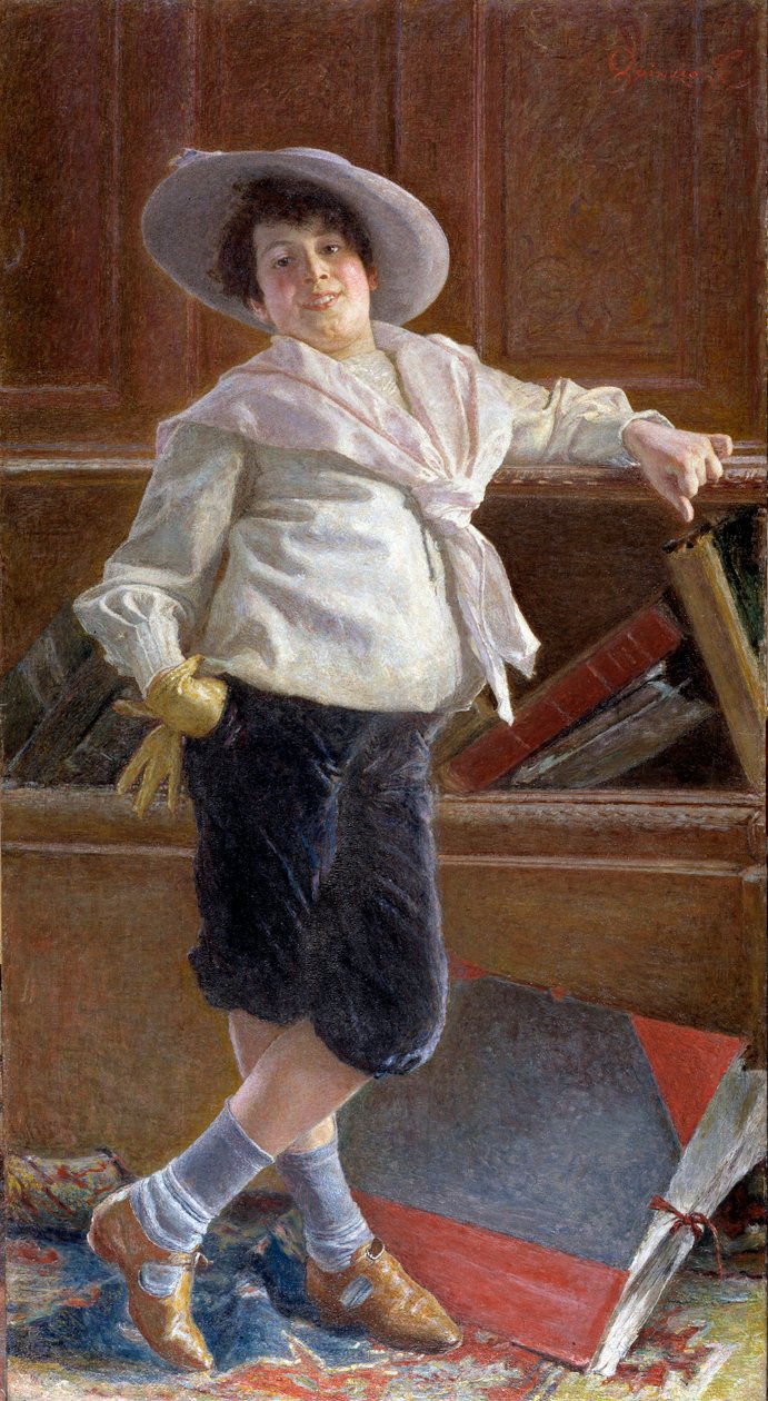Portræt af en lille smiley dreng, iført en sømands kittel Maleri af Tullio Salvatore Quinzio (1858-1918) Dim 80x100 cm Genes, Galleria d