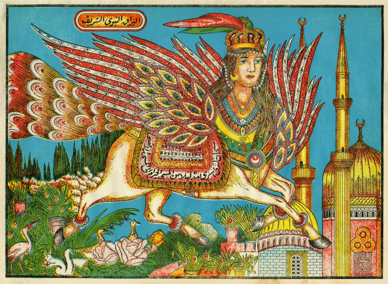 Al-Bourak (Al Bourak) (Buraq, Bouraq, Burak), hestevinge med kvindehoved og påfuglehale, hvorpå Muhammed, guidet af ærkeenglen Gabriel, rejste om natten fra Mekka til Al-Aksa. Populære billeder, Tunesien af Tunisian School