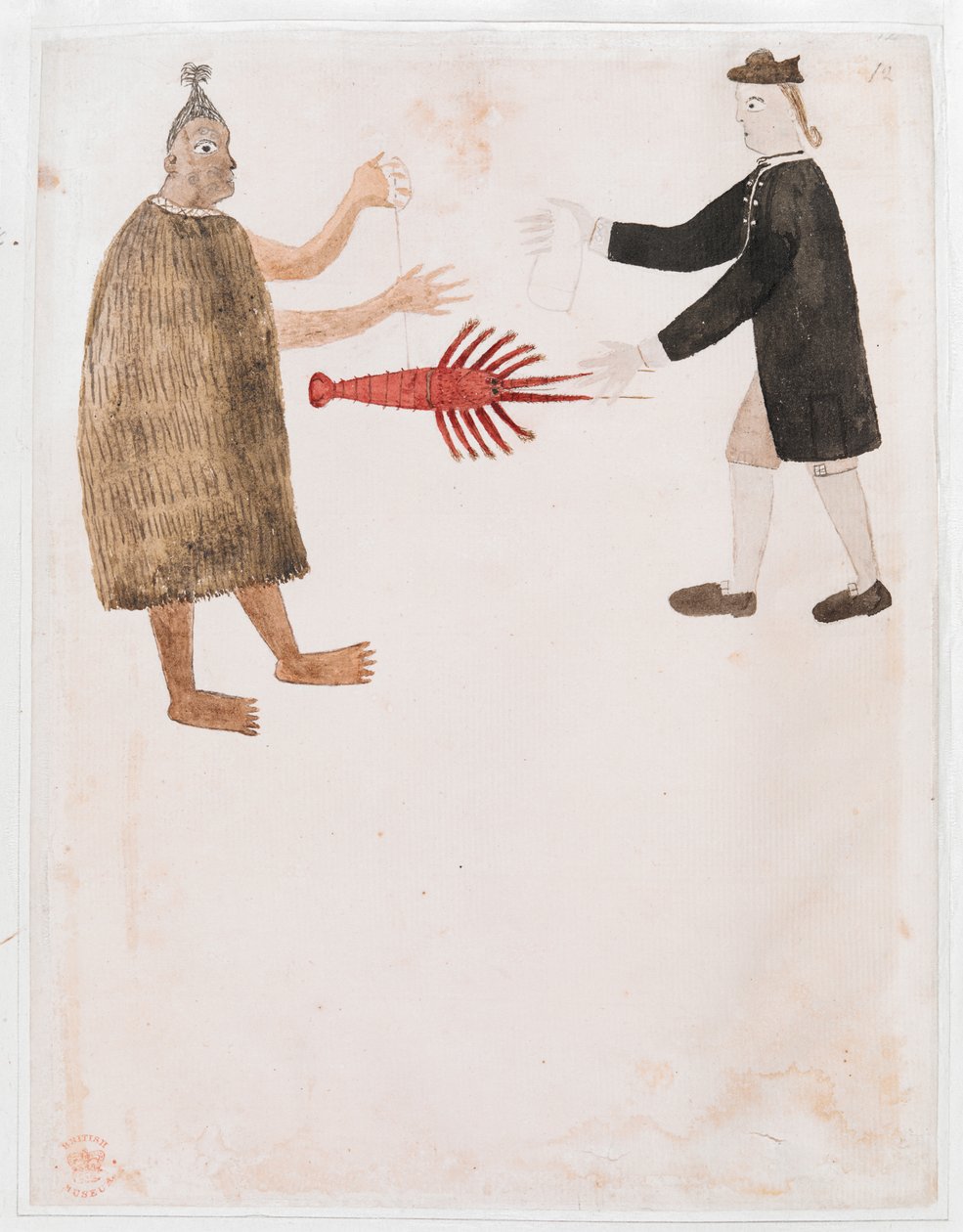 Tilføj MS 15508 [Tegning nr. 12] En maori, der bytter en krebs med en engelsk flådeofficer, 