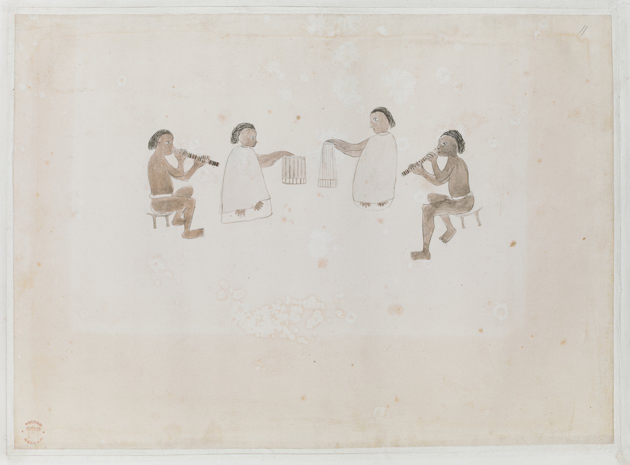 Tilføj MS 15508 f.11 Musicians of Tahiti, juni 1770 (akvarel på papir) af Tupaia Tupaia