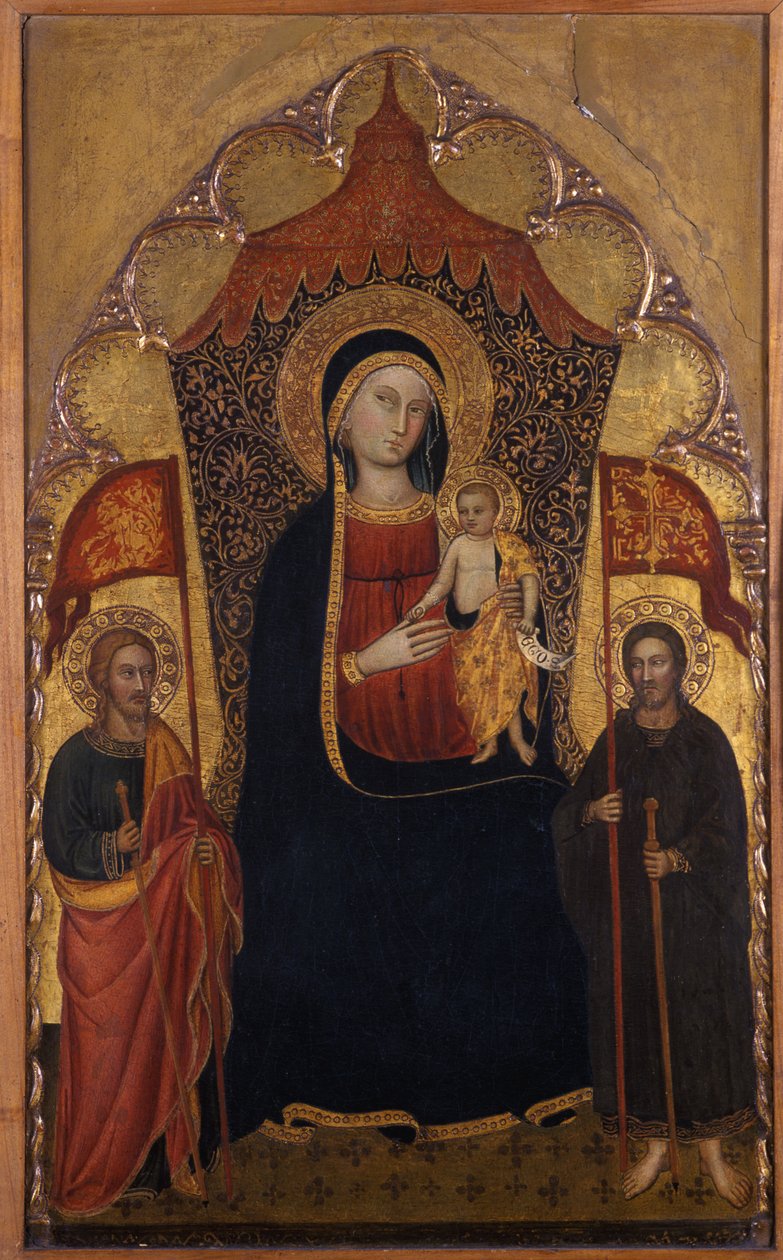 Tronet Madonna og barn med apostlen Jakob den Ældre og St. Ranieri, ca. 1410-20 (tempera på poppeltræ) af Turino Vanni