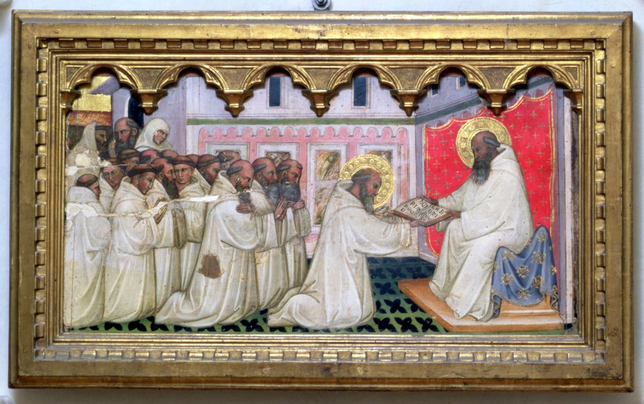 Skt. Benedikte overdrager den nye ordens herredømme til munkene i Monte Cassino (tempera på panelet) af Turino Vanni