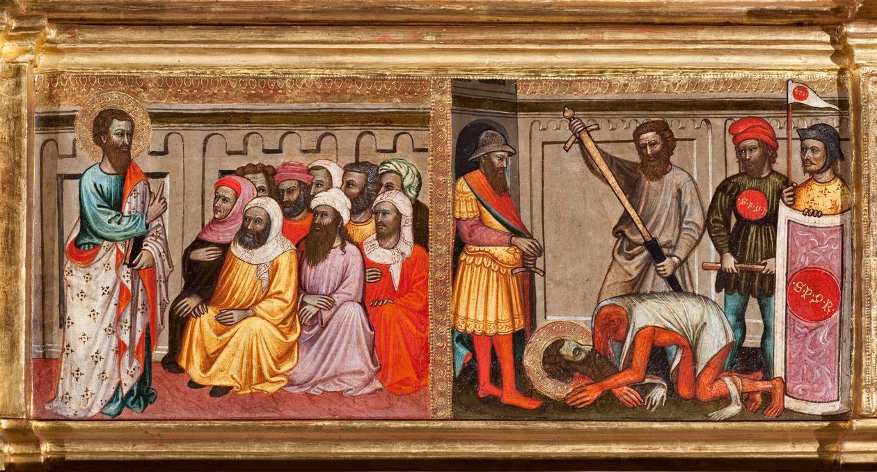 Predella med den hellige Bartholomews liv, halshugget i Armenien, detalje fra Jomfru og barn omgivet af engle og helgener (olie på panel af Turino Vanni