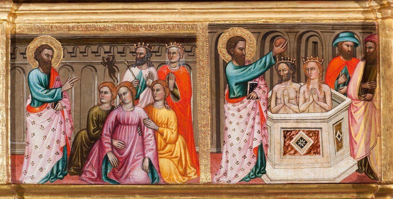 Predella med den hellige Bartholomews liv, laver eksorcismer og døber, detaljer fra Jomfru og barn omgivet af engle og helgener (olie på panel af Turino Vanni