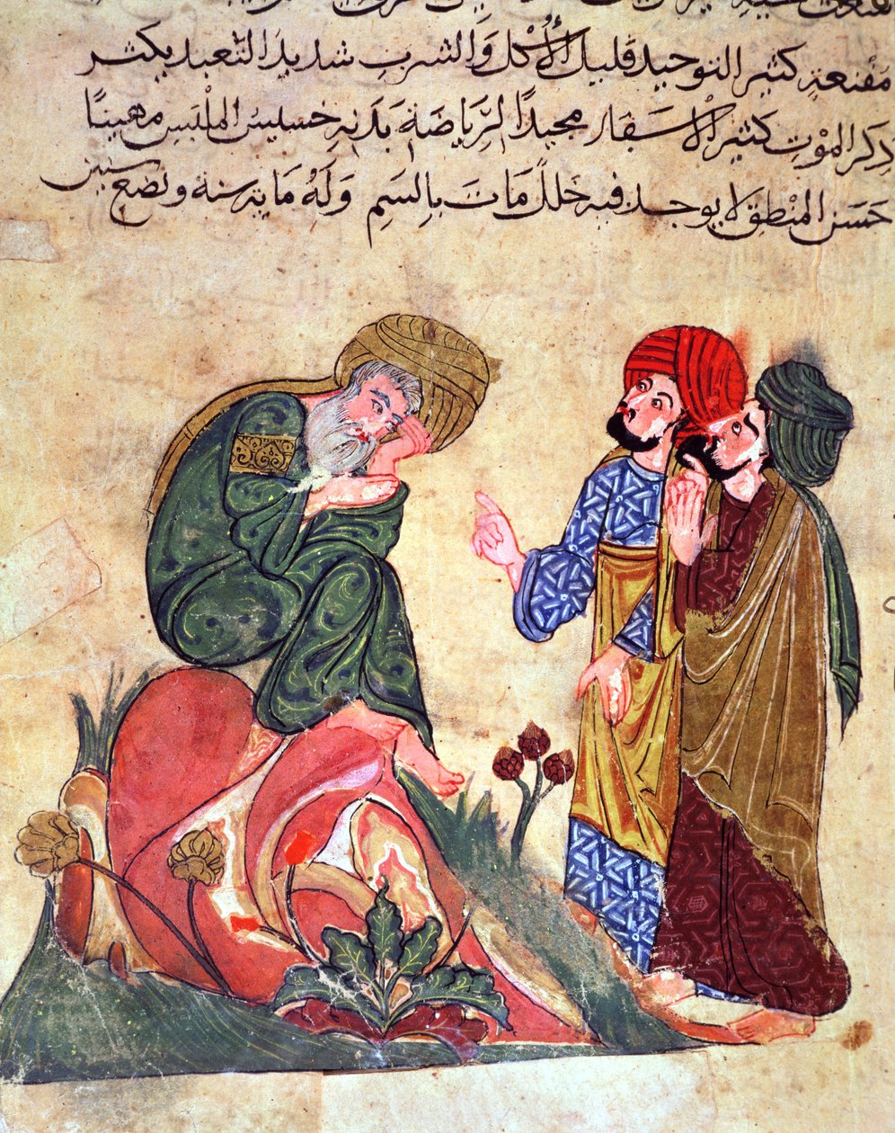 Sokrates (470-399 f.Kr.) og hans elever, illustration fra 