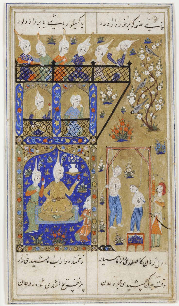 Alexander overvåger henrettelsen af forrædere, ca. 1575 (uigennemsigtig akvarel og guld på papir) af Turkish School