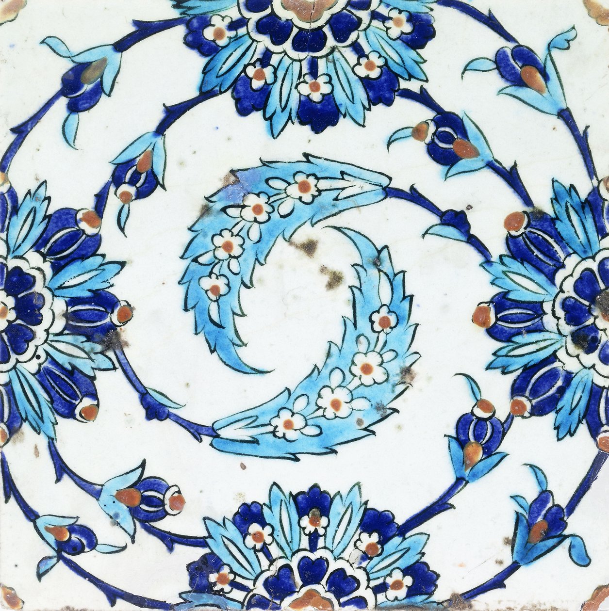 En Iznik keramikflise med et spiralformet blomstermotiv, tidligt i det 17. århundrede (keramik) af Turkish School