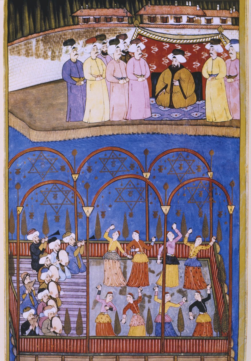 Dansere og musikere foran sultanen og hans hof, fra Sur-Nama af Turkish School