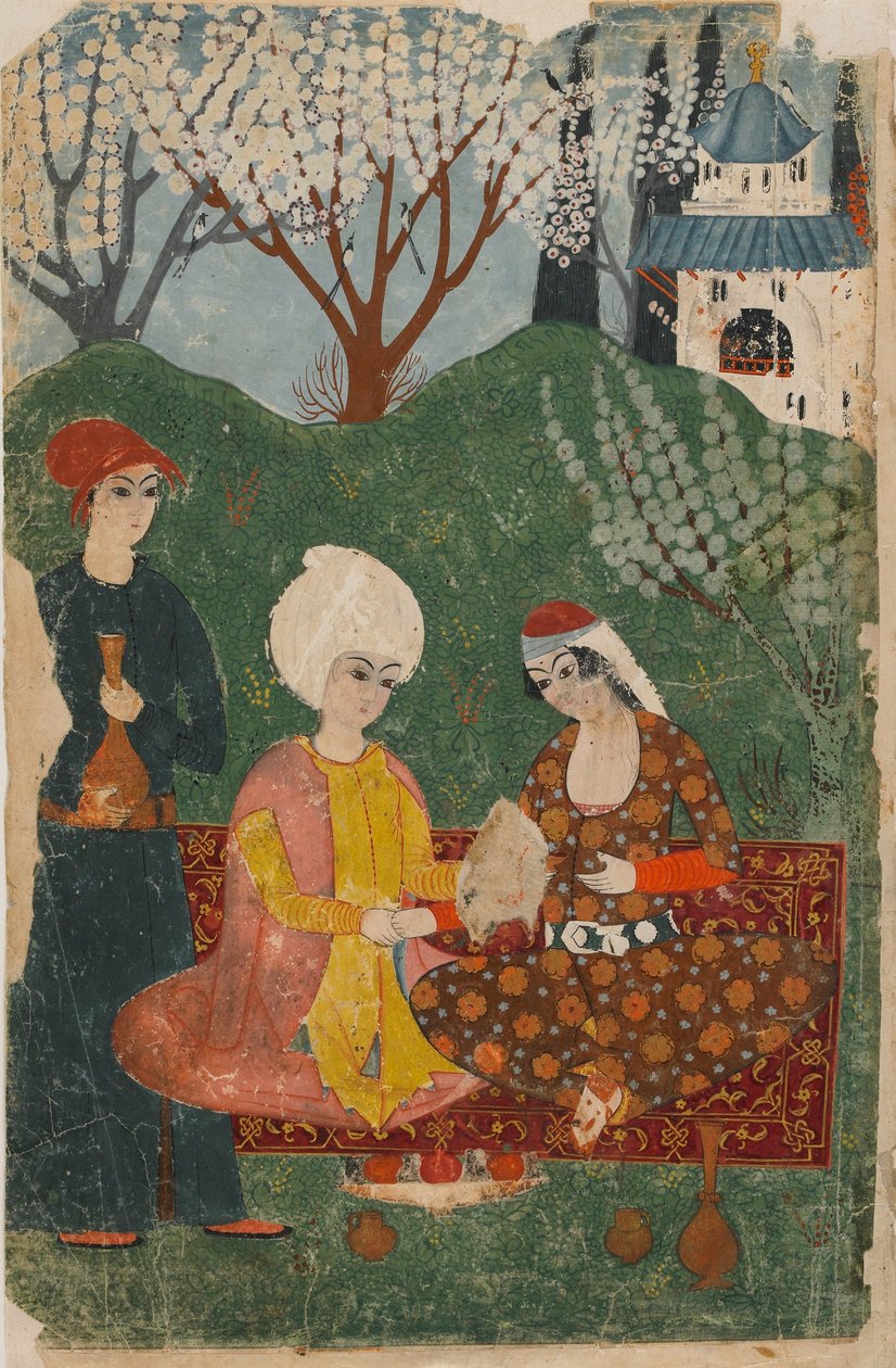Folio fra en uidentificeret tekst; recto: Prins og prinsesse siddende på et tæppe, Istanbul, ca. 1700-25 (ugennemsigtig akvarel, blæk og guld på papir) af Turkish School
