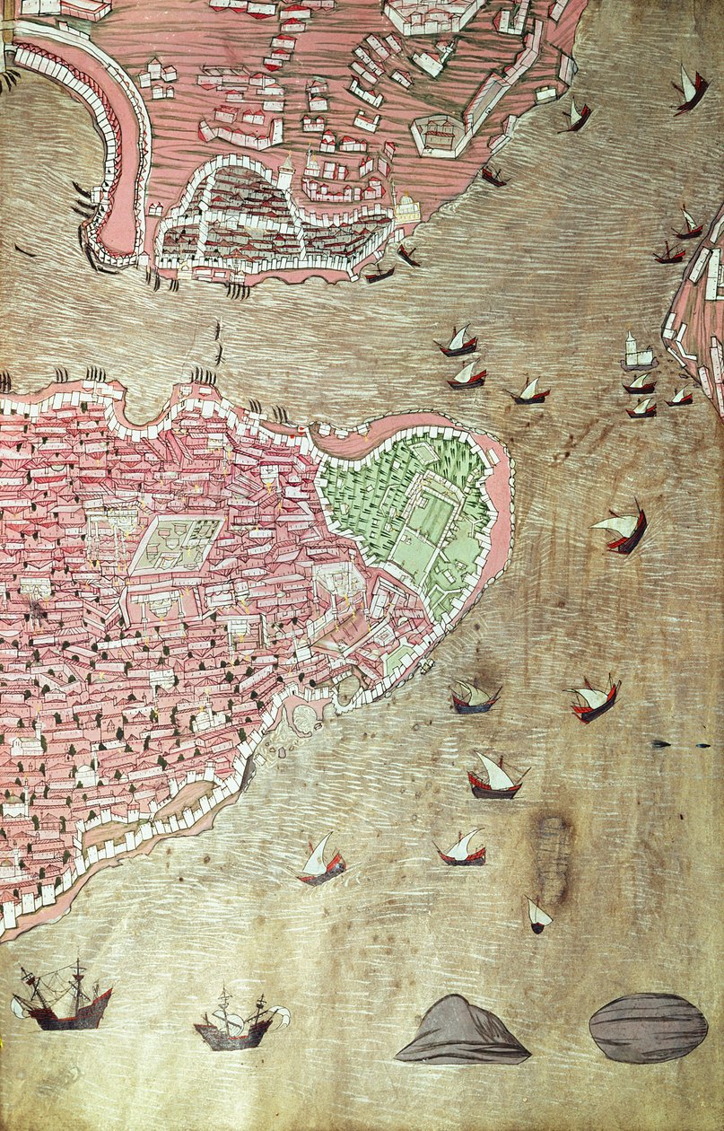 H 1523 fol.159v Udsigt over Topkapi-paladset og Bosporus-strædet, Istanbul, fra Hunername af Lokman, 1558 (pen & blæk og gouache på papir) (se også 229557) af Turkish School