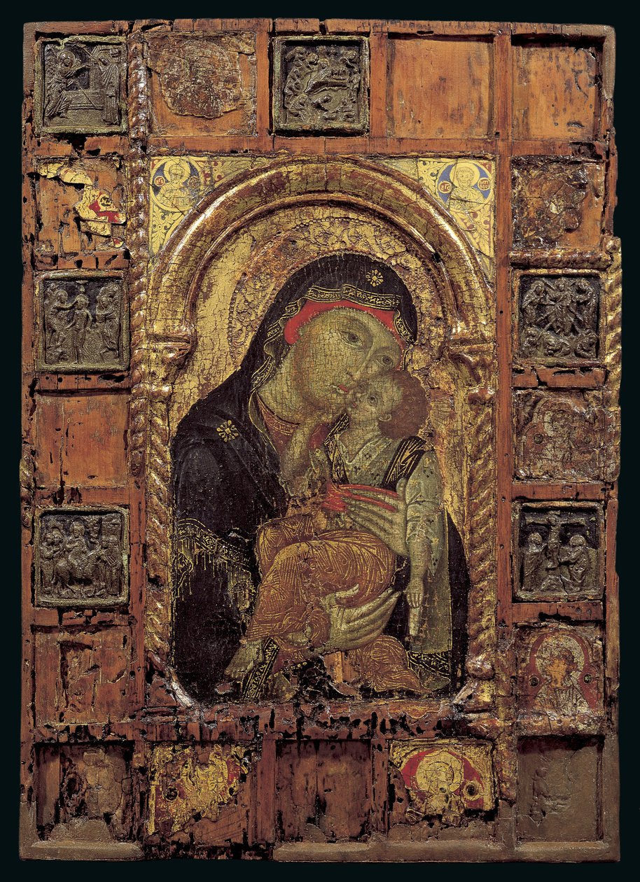 Icon of the Virgin of Tenderness (blandet medier på panel) af Turkish School
