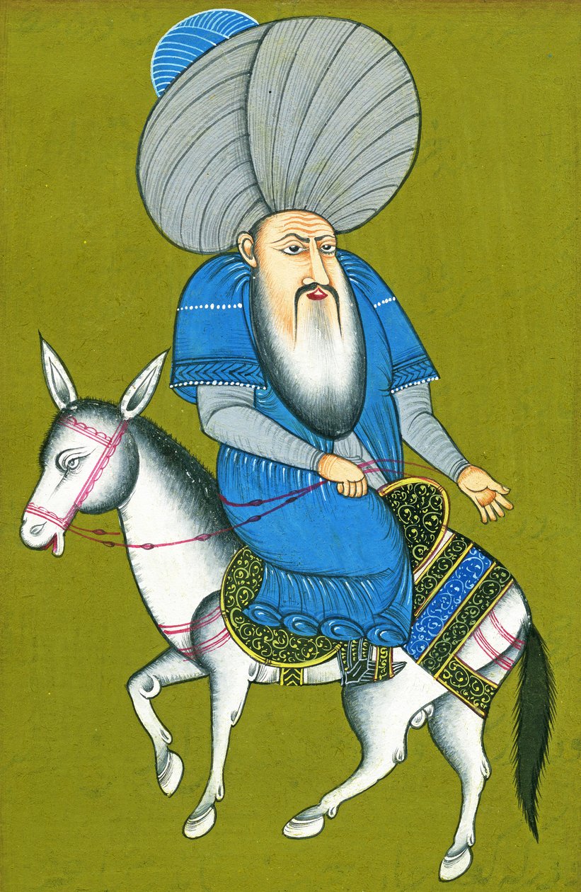Nasreddin Hodja rider baglæns på sin hest (akvarel på papir) af Turkish School