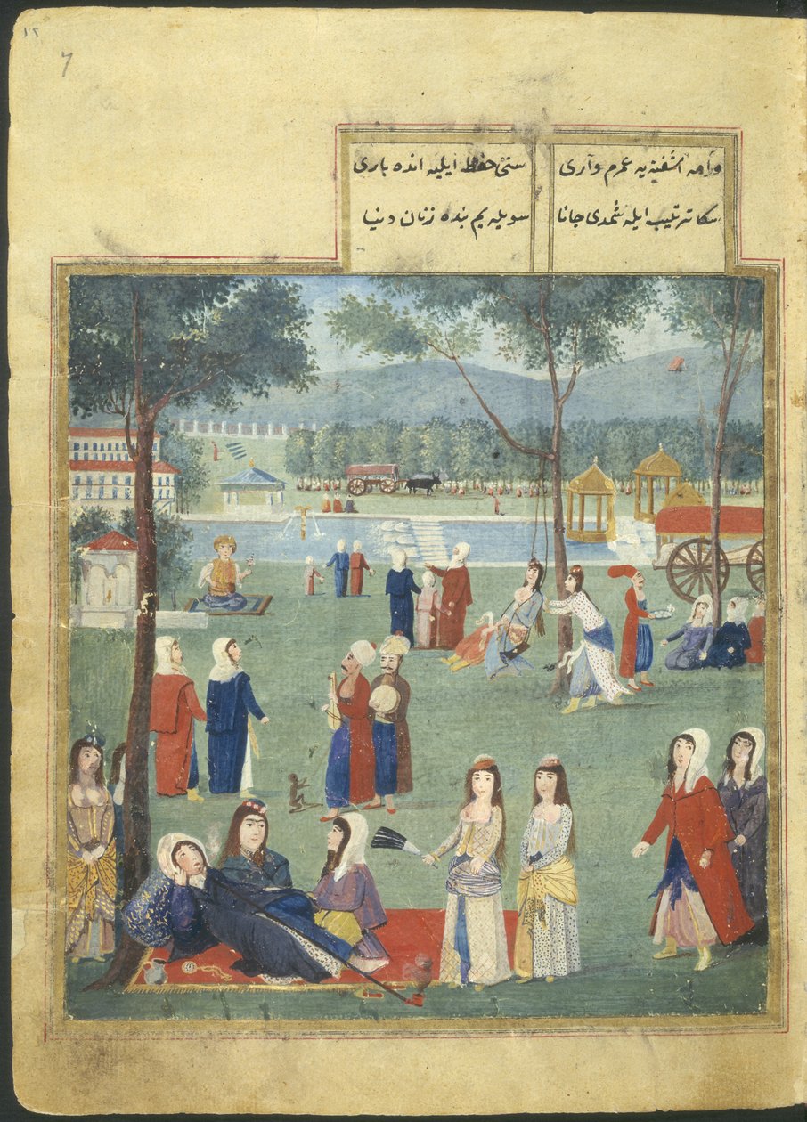Eller. 7094 f.7, The Gardens of the Kagithane (The Sweet Waters of Europe), Kvinder i en park (akvarel på papir) af Turkish School