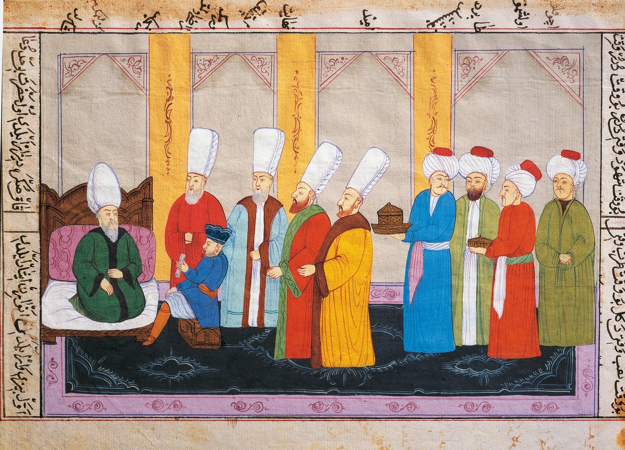 Osmannisk miniature forestillende en europæisk ambassadør ved Topkapi-paladsets hof, manuskript, Tyrkiet af Turkish School