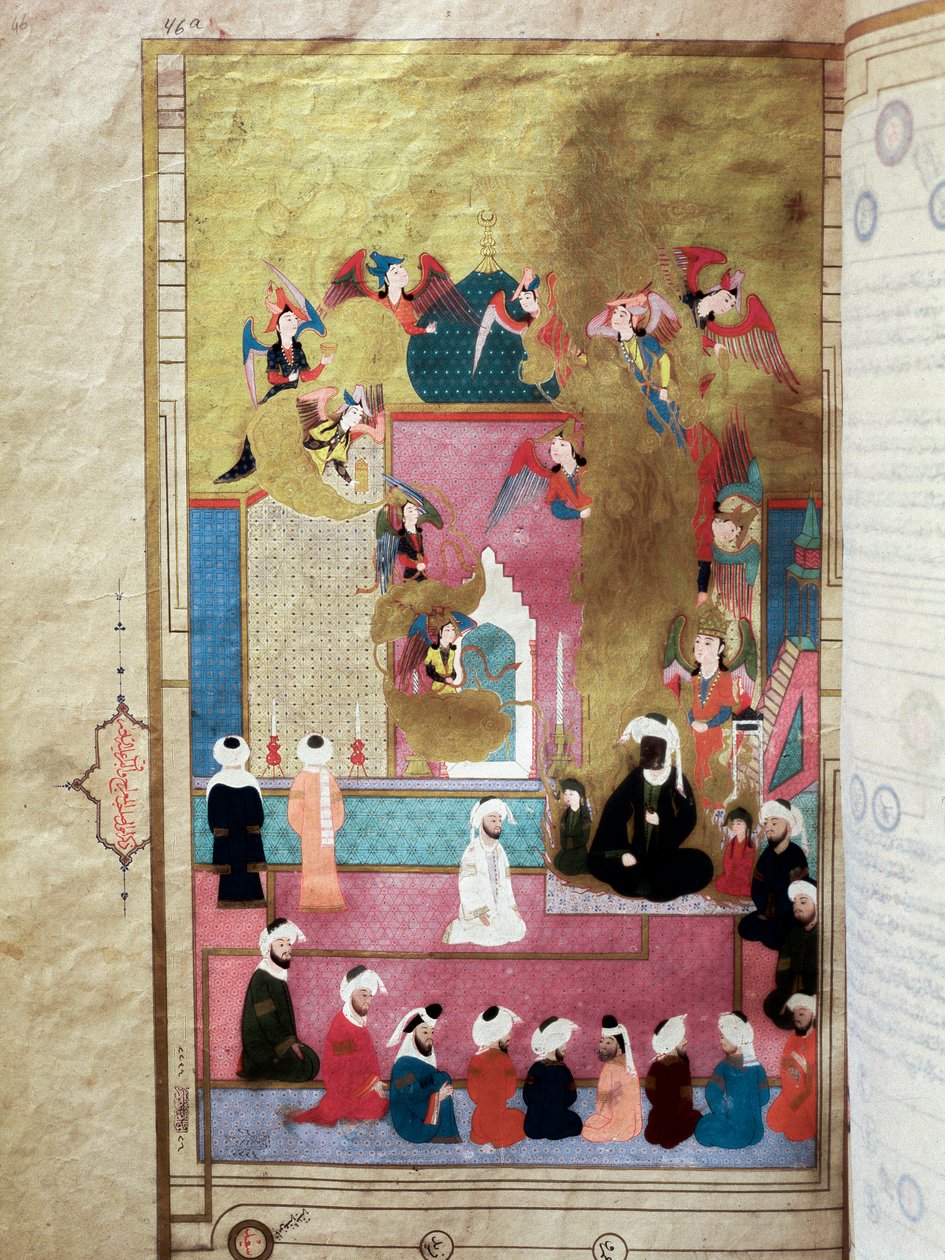 Profeten Muhammed (Mohammed eller Muhammad) (570-632) (ansigtsdækket) under Mirac, hans opstigning til den syvende himmel Miniature fra manuskriptet "Zubdat al-Tawarikh" (eller Zubdat al Tawarikh) af historikeren Seyyid Loqman Ashuri under rem af Murad III af Turkish School