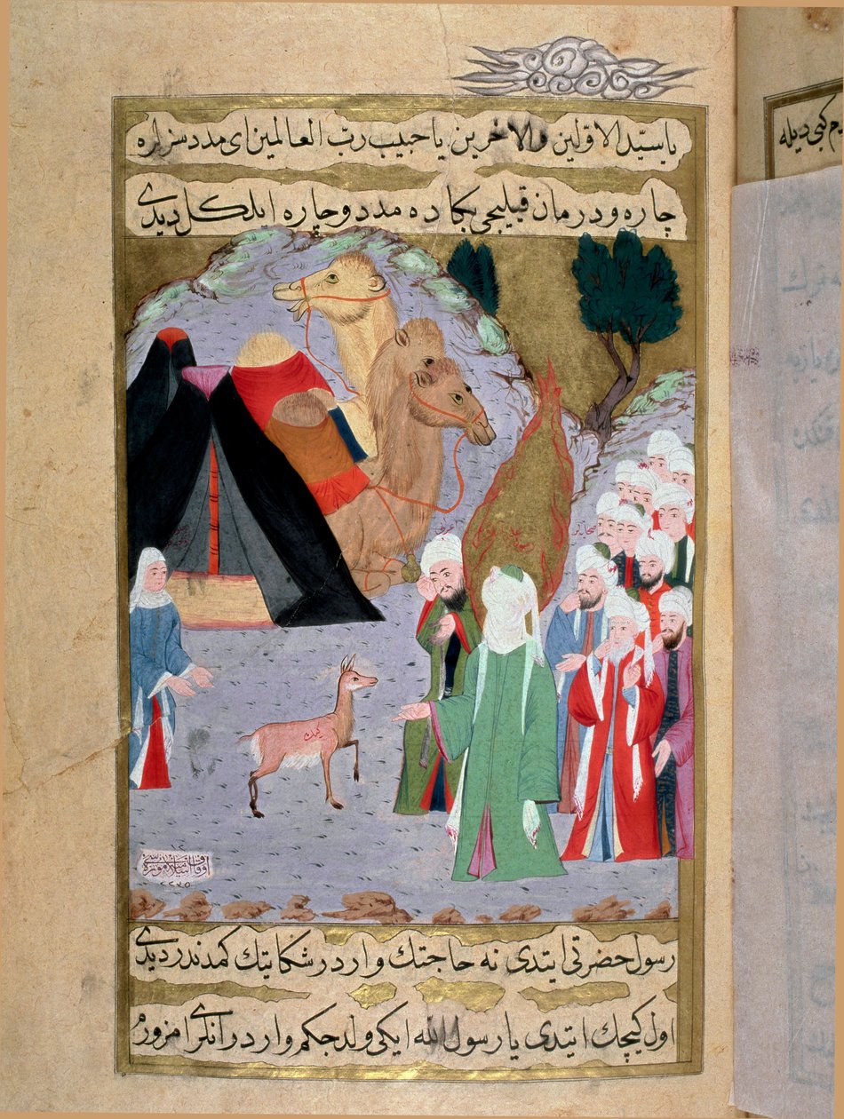 Profeten Muhammed (Mohammed eller Muhammad) (570-632) lytter til græden fra en miniaturedue fra et tyrkisk manuskript skrevet af Erzeni, illustreret af Seyyid Suleiman Pasha, der fortæller om Muhammeds liv fra det 18. århundrede. Istanbul, tyrkisk-islamisk af Turkish School
