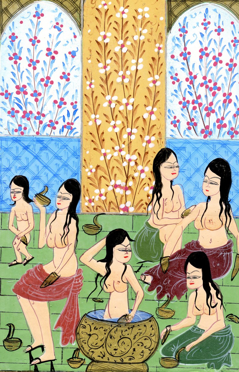 Se inde i en Hamam for kvinder (akvarel og guldpulver på papir) af Turkish School